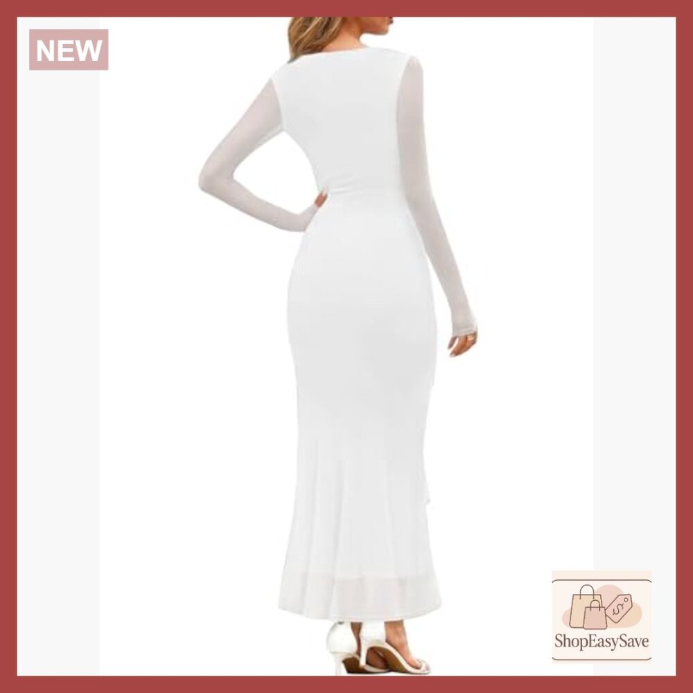 Sexy Ruched Bodycon Long Sleeve Square Neck Ruffle Maxi Dress Elegant Party Wear - Picture 2 of 6